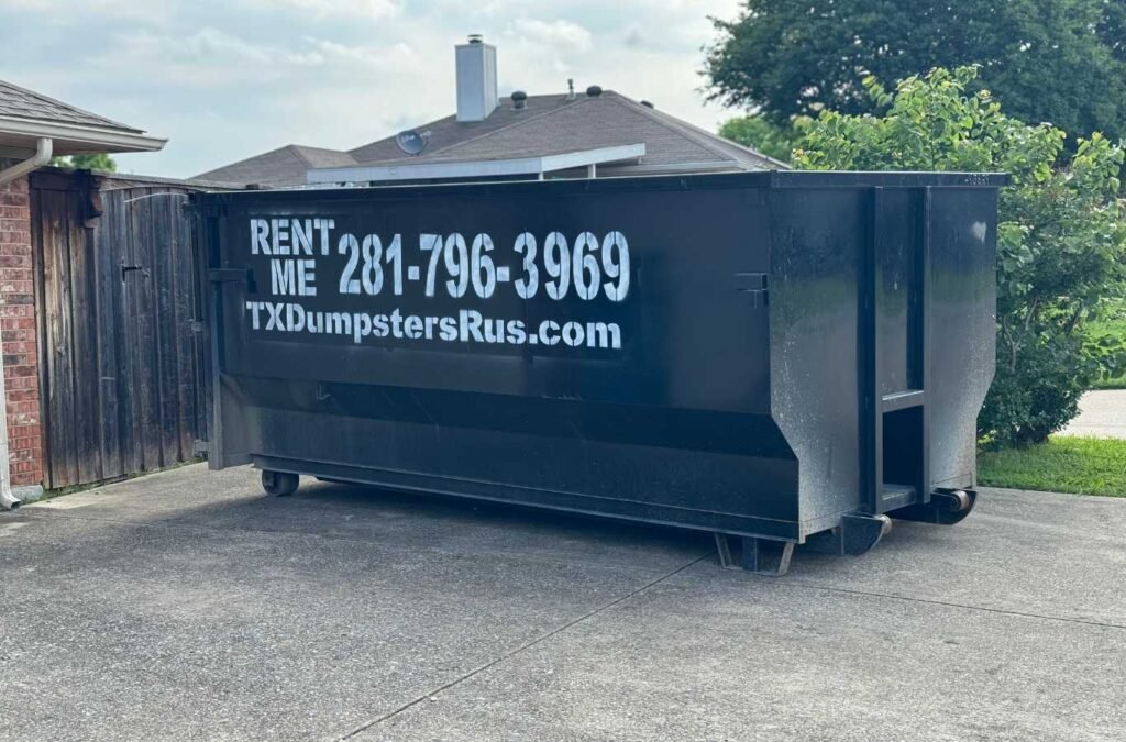 Image of a large roofing dumpster provided by TX Dumpsters R Us in Ennis, TX, showcasing our reliable and efficient roofing dumpster rental services.